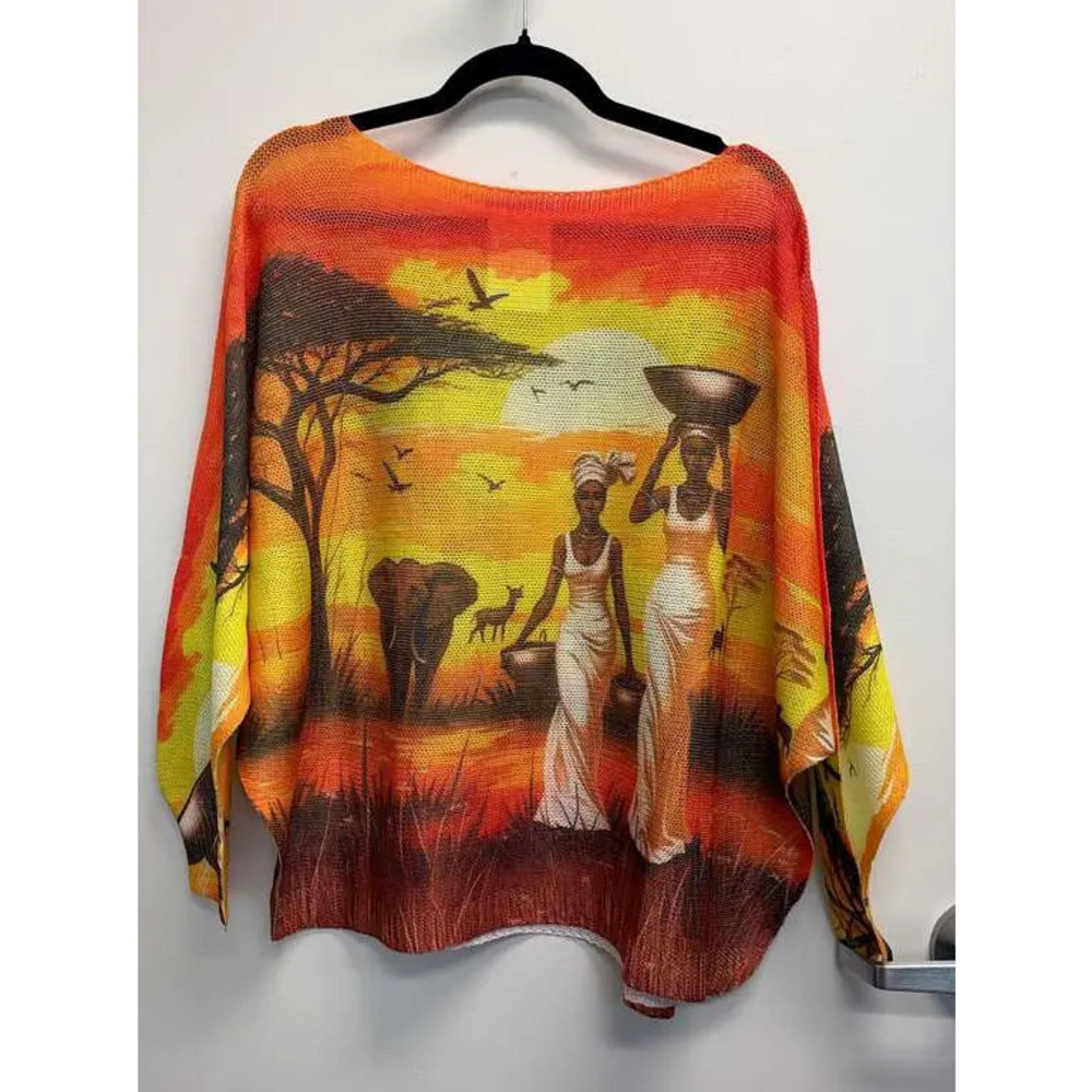 L166 Loowie African Safari Landscape Printed Knit Sweater | Round Neck | One Sz